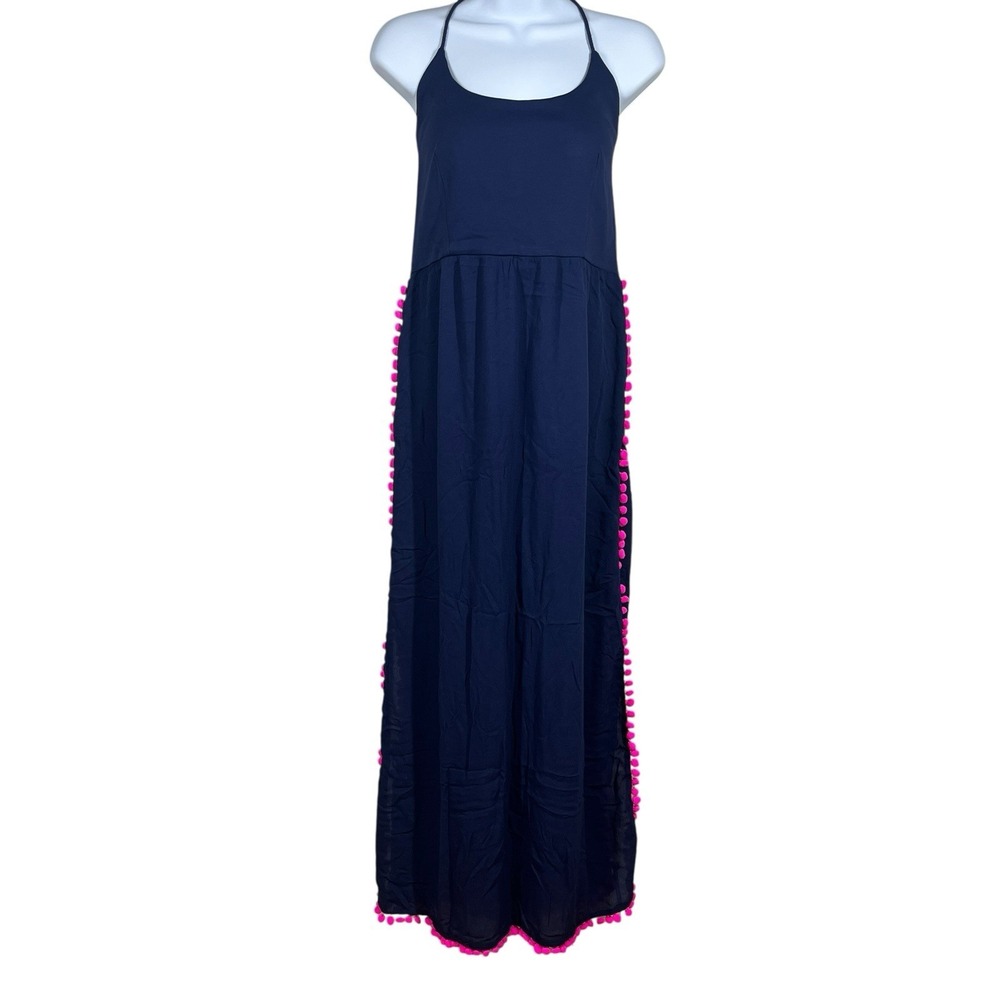 Hutch Anthropologie Navy Blue Pink Pompom Maxi Dress Size L Strappy Cross Back‎